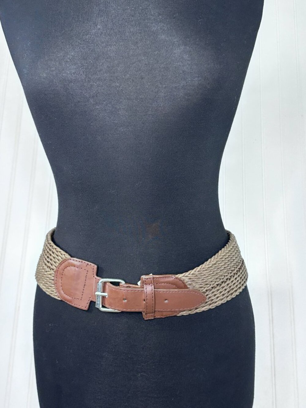 Women's Wide Woven Waist Belt with Faux Leather Silver Tone Buckle Size 11